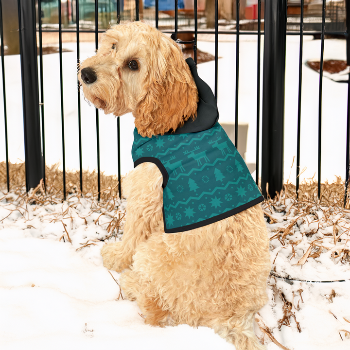 Wintergreen Ridge Pet Hoodie — Tonal Fair-Isle Reindeer & Fir Hoodie for Dogs