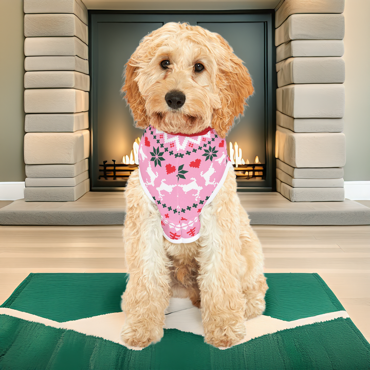 Poinsettia Pink Pet Hoodie — Fair Isle Reindeer & Snowflake Holiday Sweater